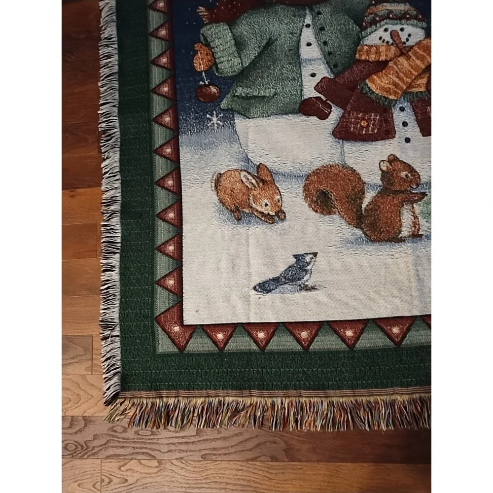 Snowman Winter Blanket Snowflakes Throw Fringed Vintage 51 X 58  2 Throw Pillows